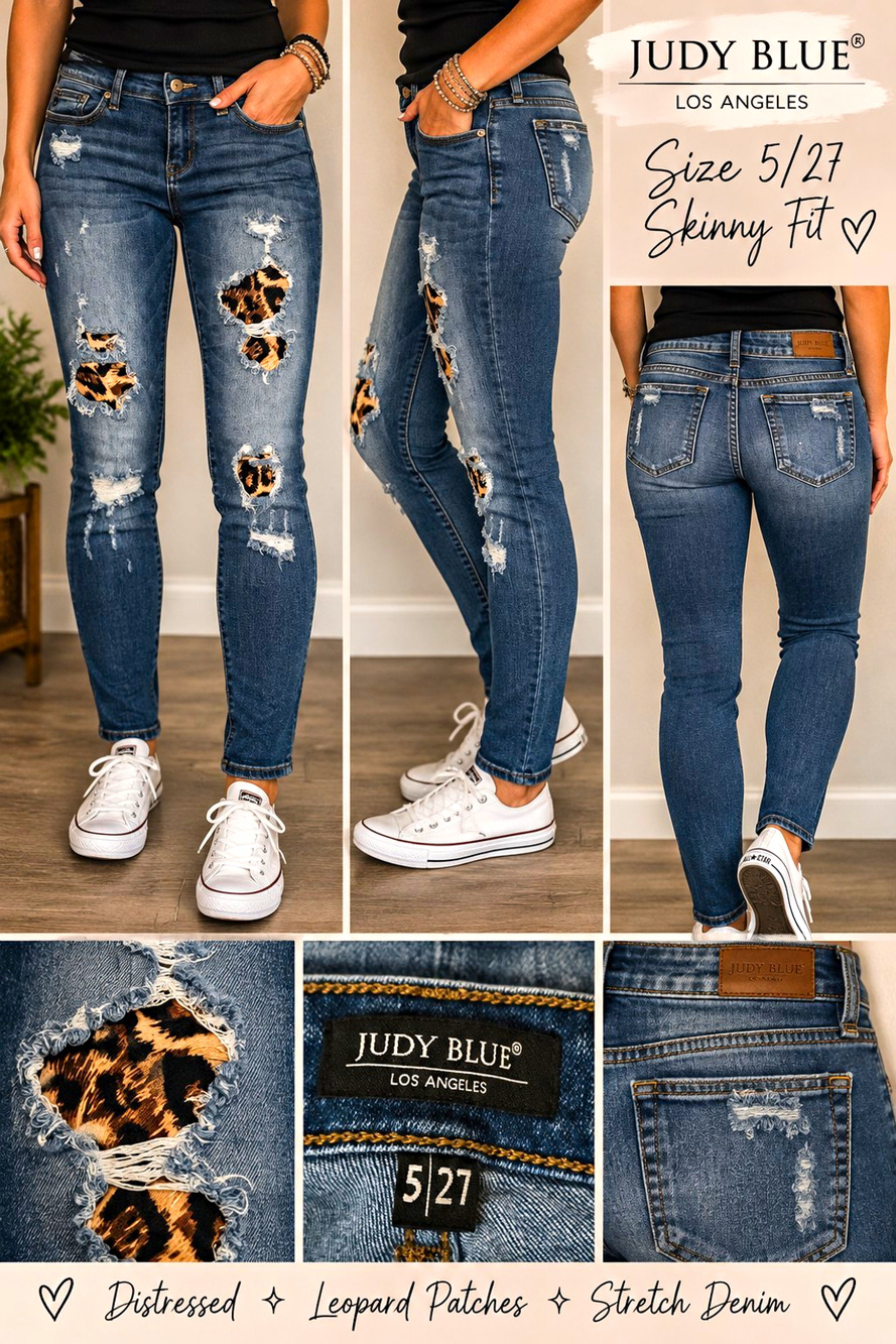 Judy Blue Jeans Women 5/27 Skinny Distressed Leopard Patch Stretch JB8265MD